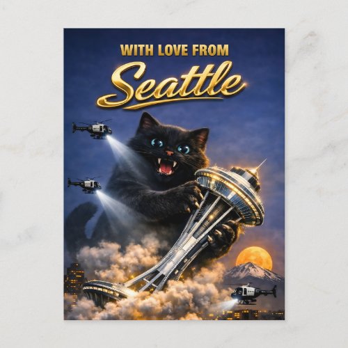 Chubby Black Cat Love From Seattle Space Needle Postcard