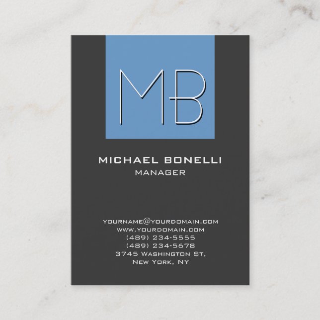 Chubby blue gray chic monogram business card (Front)