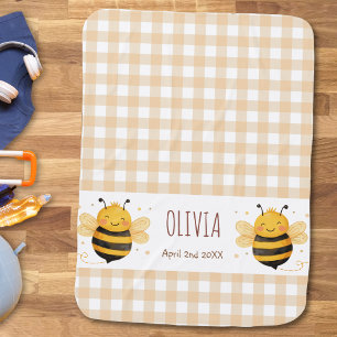 Chubby Bumblebee "Bee Happy" Gingham Name Birth Baby Blanket