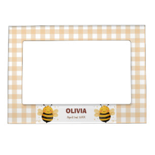 Chubby Bumblebee "Bee Happy" Gingham Name Birth Magnetic Frame