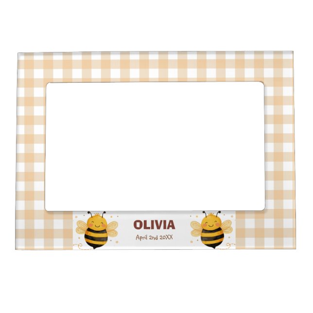 Chubby Bumblebee "Bee Happy" Gingham Name Birth Magnetic Frame (Front)