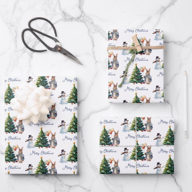 Chubby Bunny Rabbit Christmas tree Wrapping Paper Sheets (Front)