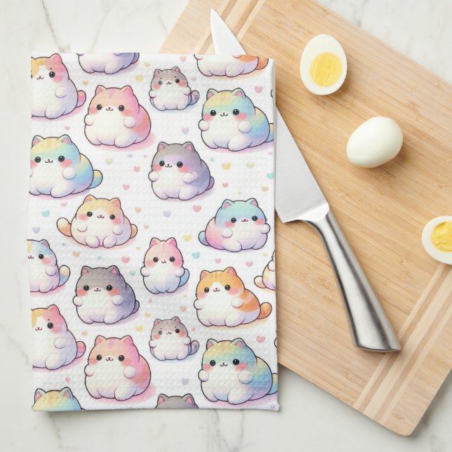 Chubby Cartoon Cat Collection With Hearts Kitchen Towel (Quarter Fold)