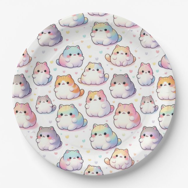 Chubby Cartoon Cat Collection With Hearts Paper Plates (Front)