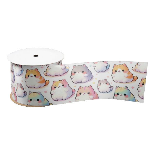 Chubby Cartoon Cat Collection With Hearts Satin Ribbon (Spool)
