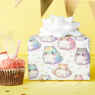 Chubby Cartoon Cat Collection With Hearts Wrapping Paper