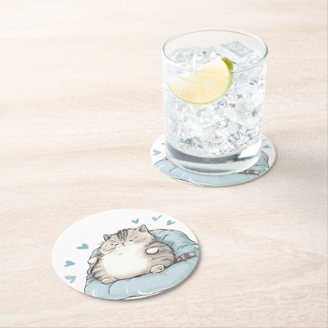 Chubby Cat Chill Vibes Round Paper Coaster (Insitu)