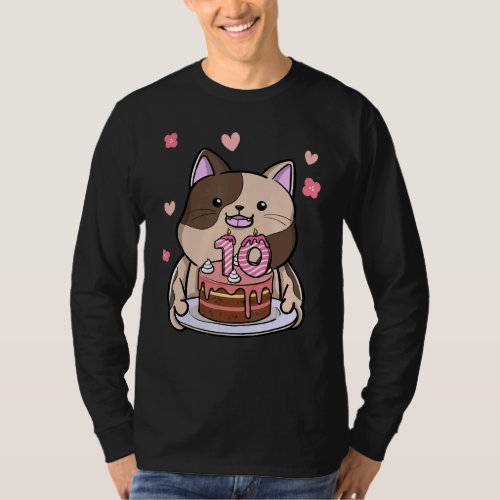 Chubby Cat Holding A Birthday Cake 10th Year Bday T_Shirt