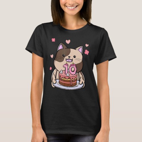 Chubby Cat Holding A Birthday Cake 10th Year Bday T_Shirt
