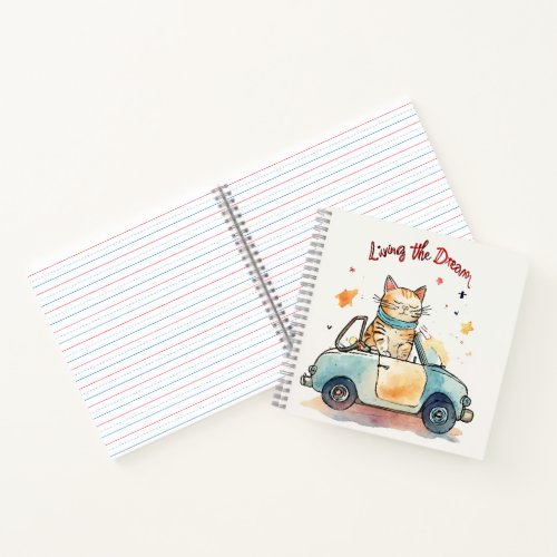 Chubby cat in a tiny car notebook