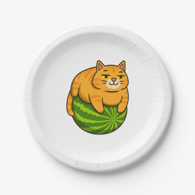 Chubby Cat on Watermelon Meme Shirt Paper Plates (Front)