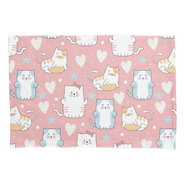 chubby cats in pastel blue, white, and pink pillow case (Front)