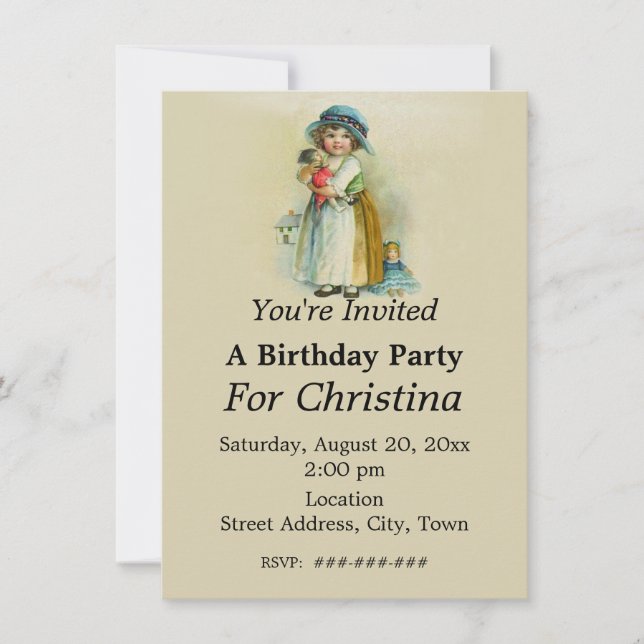 Chubby Cheeks Vintage Birthday Girl Dolls Tan Invitation (Front)