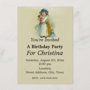 Chubby Cheeks Vintage Birthday Girl Dolls Tan Invitation