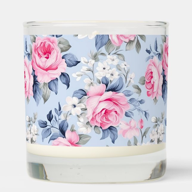 Chubby Chic Pink Roses White Flowers Pattern Scented Candle (Back)
