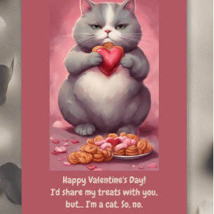 Chubby cute cat eating snacks Valentines Holiday Card