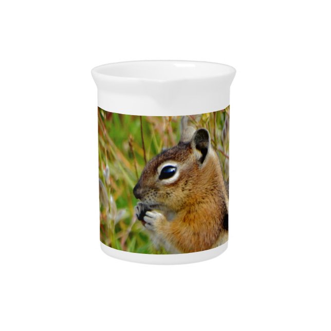 Chubby cute chipmunk on  on wood stump beverage pitcher (Front)