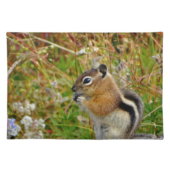 Chubby cute chipmunk on  on wood stump placemat (Front)
