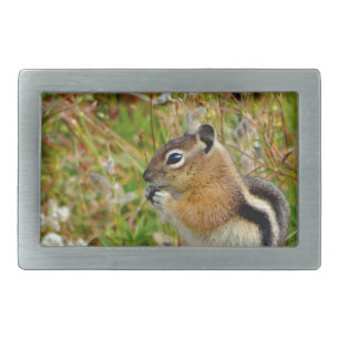 Chubby cute chipmunk on on wood stump rectangular belt buckle