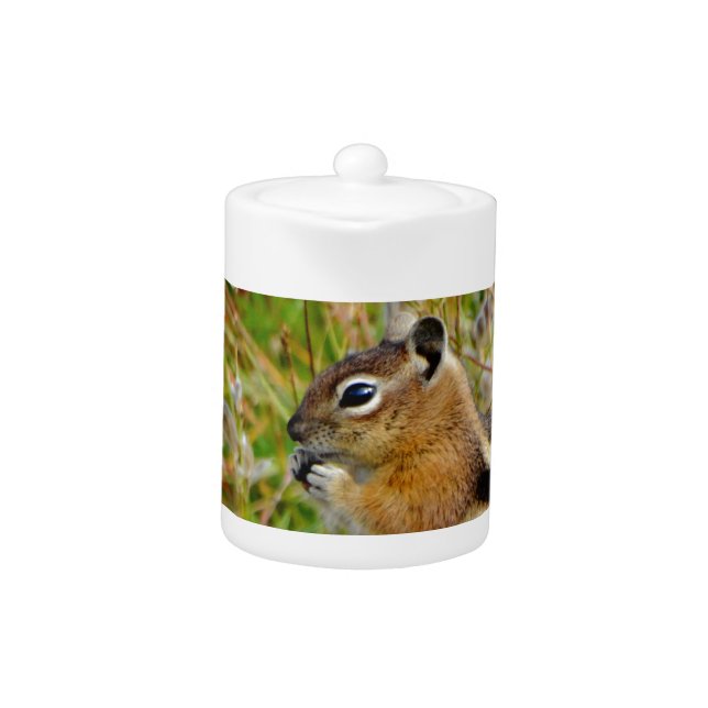 Chubby cute chipmunk on  on wood stump teapot (Front)