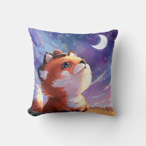 Chubby Fox Looking at Clear Sky with Full Moon Throw Pillow