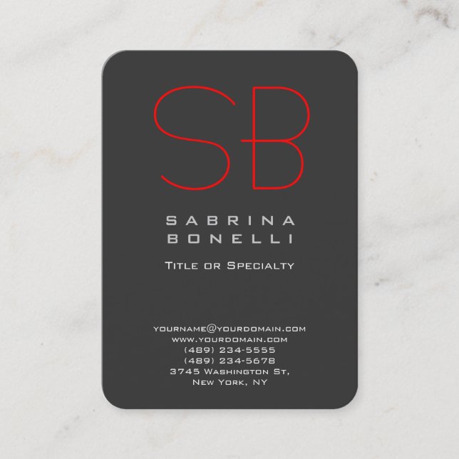Chubby Gray Red Round Monogram Business Card (Front)
