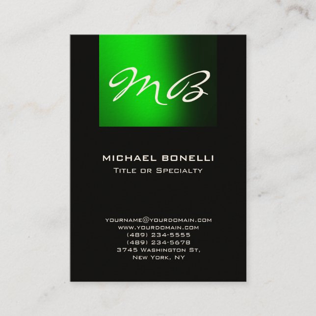 Chubby green black monogram modern business card (Front)
