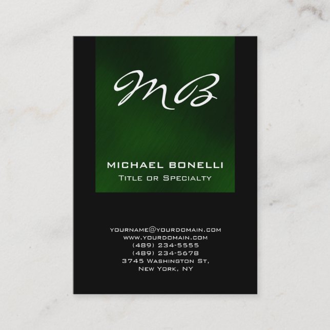 Chubby green black monogram unique business card (Front)