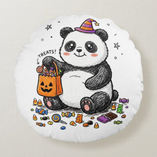 Chubby Halloween Panda with Candy Belly & Witch Ha Round Pillow