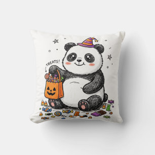 Chubby Halloween Panda with Candy Belly & Witch Ha Throw Pillow