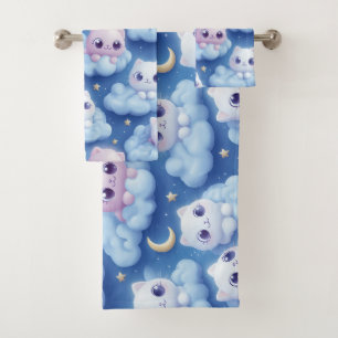 "Chubby Kawaii Cats and Clouds 3D Seamless Pattern Bath Towel Set