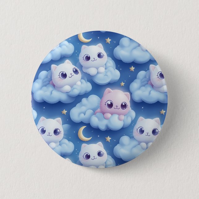 "Chubby Kawaii Cats and Clouds 3D Seamless Pattern Button (Front)
