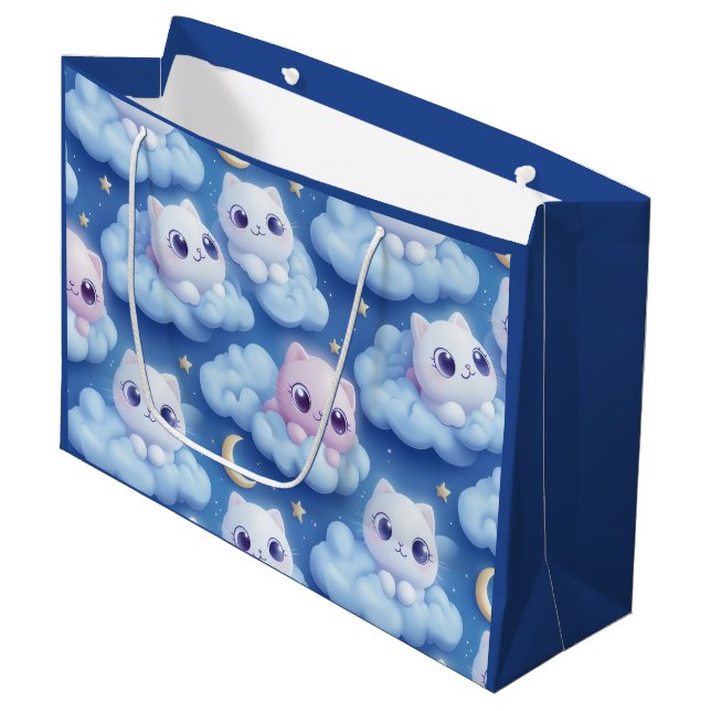 "Chubby Kawaii Cats and Clouds 3D Seamless Pattern Large Gift Bag (Front Angled)