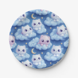 "Chubby Kawaii Cats and Clouds 3D Seamless Pattern Paper Plates