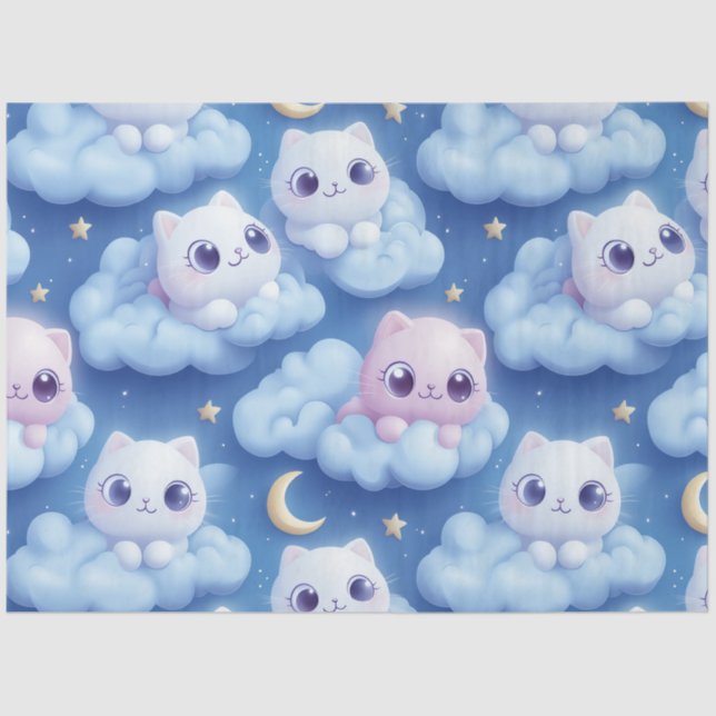 "Chubby Kawaii Cats and Clouds 3D Seamless Pattern Tissue Paper (Front)