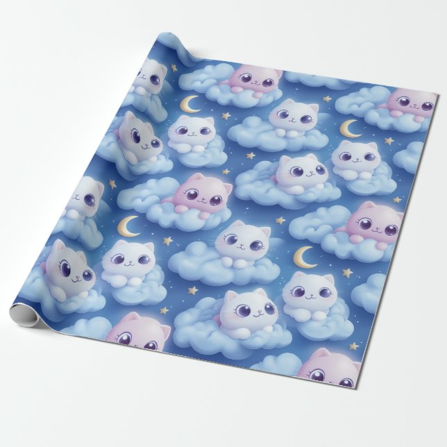 "Chubby Kawaii Cats and Clouds 3D Seamless Pattern Wrapping Paper (Unrolled)