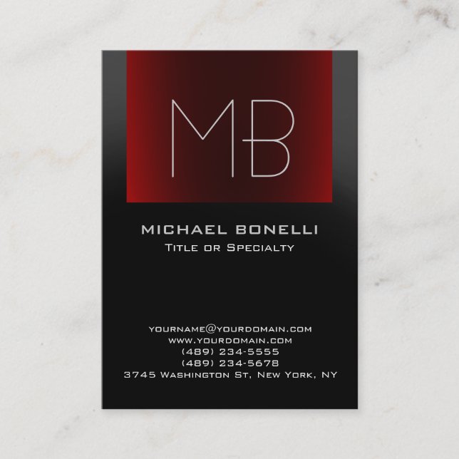 Chubby modern gray red monogram business card (Front)