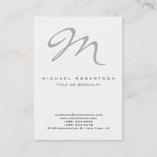 Chubby Modern Grey Monogram White Business Card (Front)