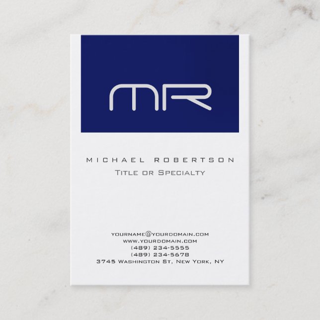Chubby Modern Monogram White Blue Business Card (Front)