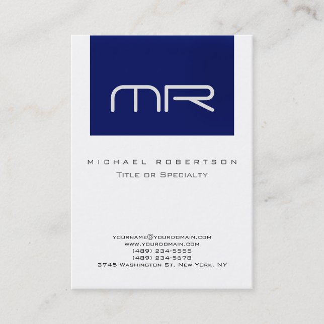 Chubby Modern Monogram White Blue Business Card (Front)