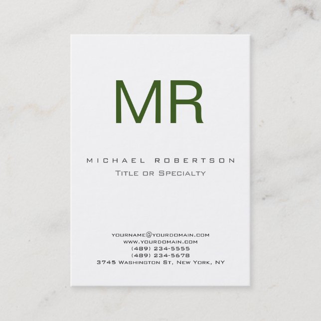 Chubby Modern Monogram White Green Business Card (Front)