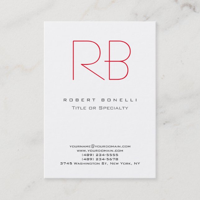 Chubby Modern Monogram White Red Business Card (Front)