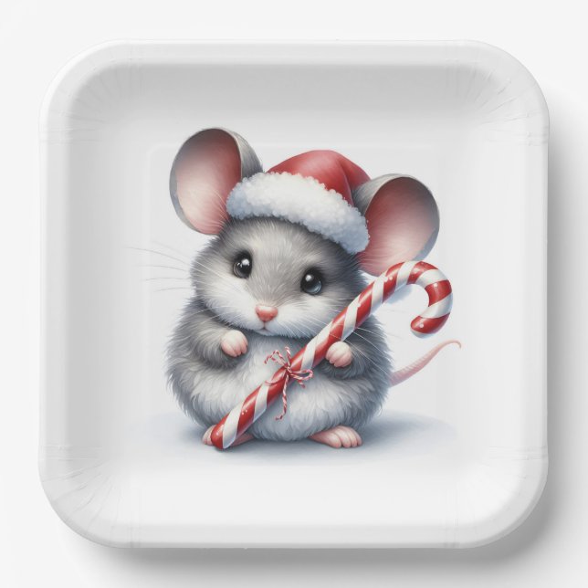 Chubby Mouse With Christmas Candy Cane Paper Plates (Front)