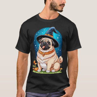 "Chubby Pug in Witch Hat Halloween Art Series Ador T-Shirt