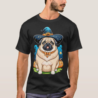 "Chubby Pug in Witch Hat Halloween Art Series Ador T-Shirt