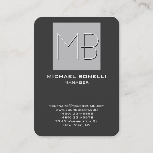 Chubby rounded corner gray monogram business card (Front)