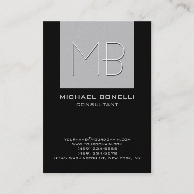 Chubby silver grey black background business card (Front)