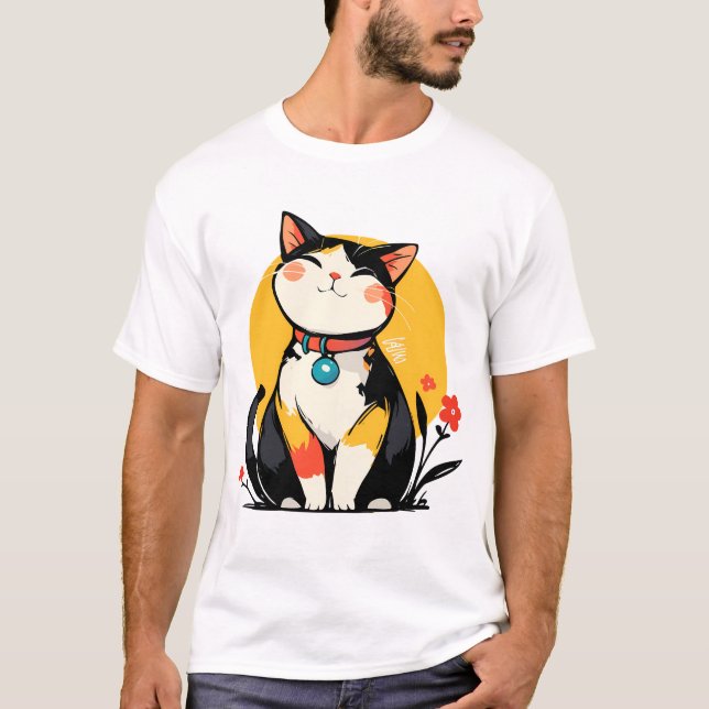 Chubby Smiling Calico Cat Badge T-Shirt (Front)
