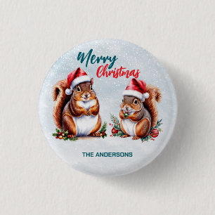 chubby squirrel Santa hat Merry Christmas snow Button