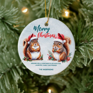 chubby squirrel Santa hat Merry Christmas snow Ceramic Ornament